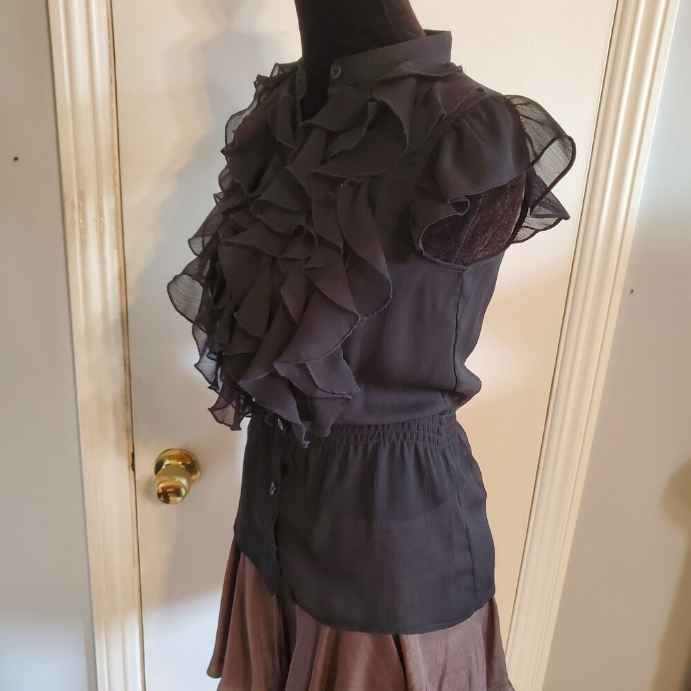 Unbranded Sheer Black Ruffle Front Top Goth Y2k Office Siren Whimsigoth Size XS - Picture 3 of 5